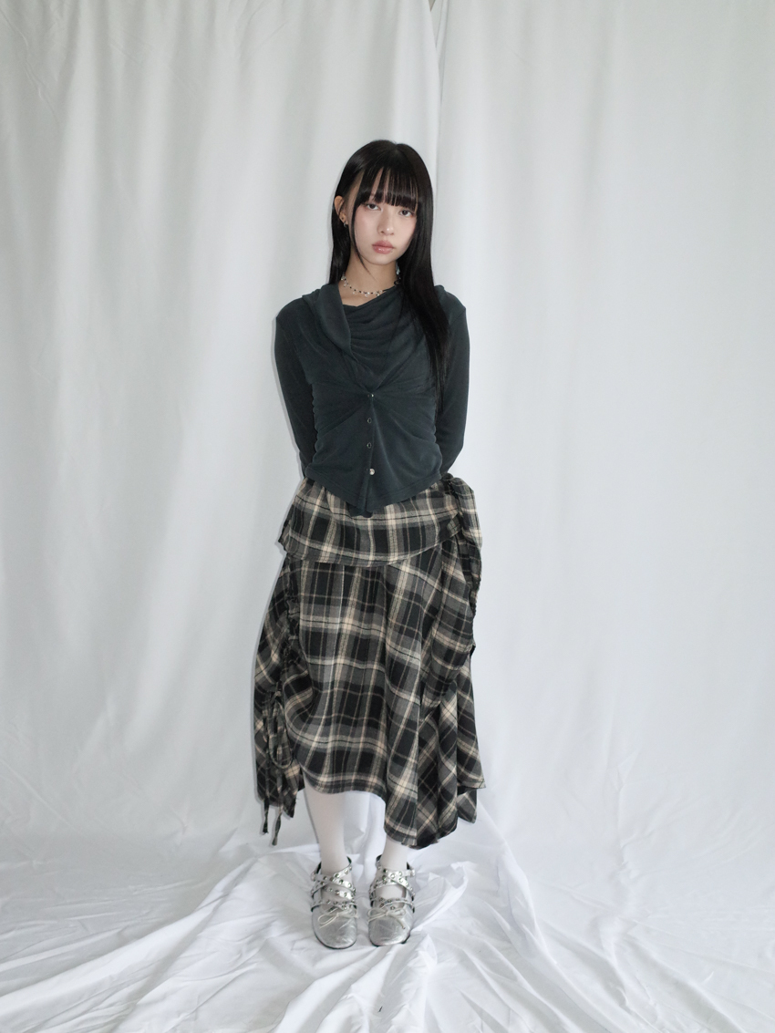 irregular ruched gingham midi skirt with tie waist in BLACK