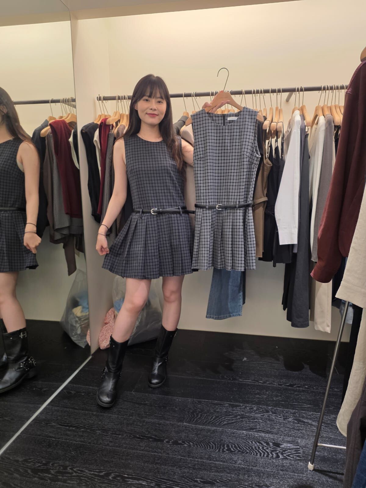 OB5015 附腰帶格仔百褶背心裙 *特價* (優惠碼同充值購物金不適用)