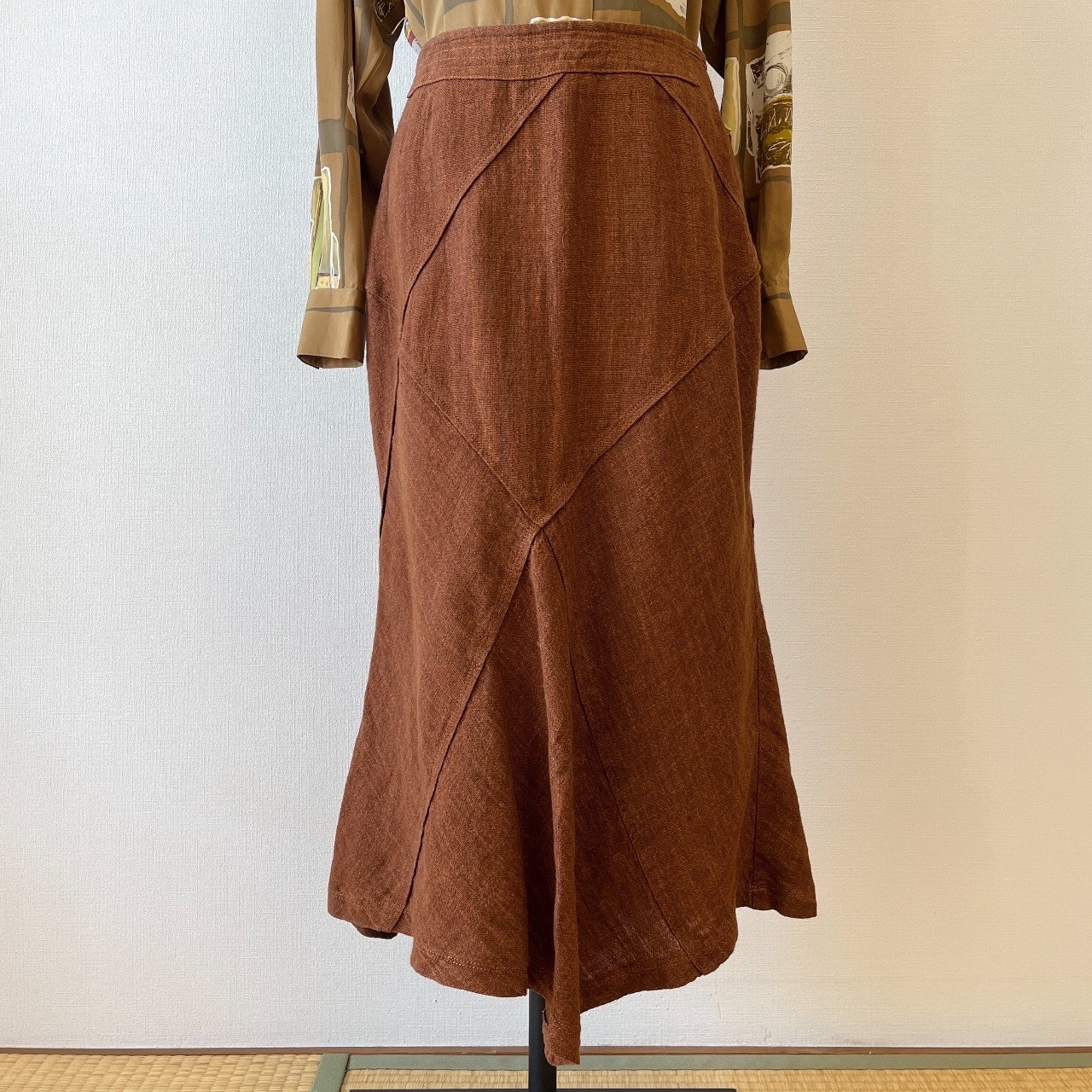 日本製ARAMIS啡色不規則裙襬麻質半裙