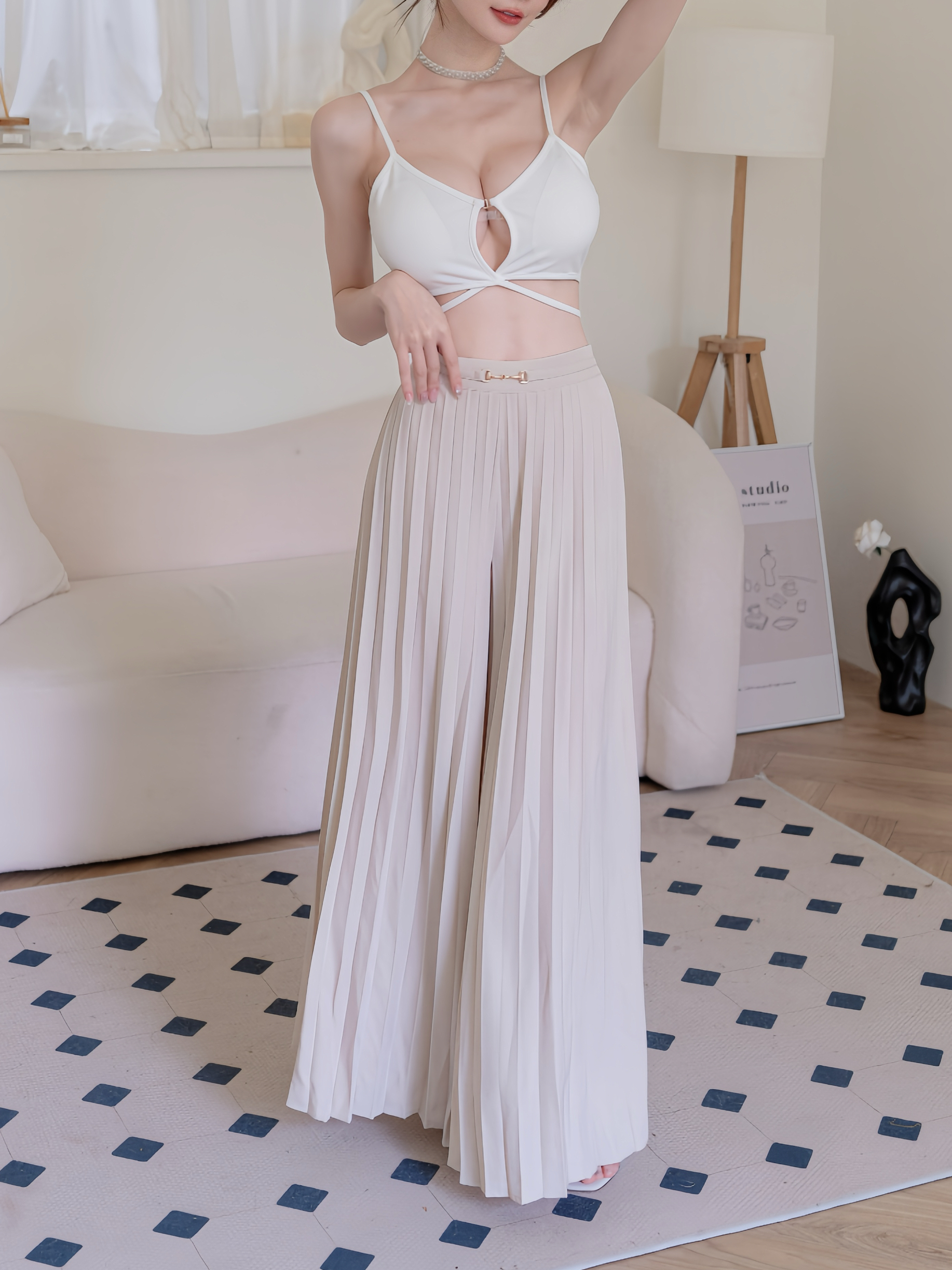 🤍重磅落地百褶腰鍊寬褲（杏色S/M)