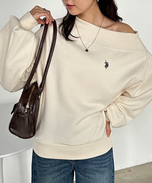 日本🇯🇵連線 U.S. POLO ASSN. 大領口斜肩長袖衛衣 露肩設計 單肩 長袖 簡約 運動風 刺繡 4色(任買兩件711免運)/預購