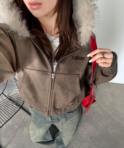 日本🇯🇵連線 Mily Bilet 美式復古美拉德絨面革連帽外套 3D刺繡 短版 復古 絨面革 外套 長袖 2色(任買兩件711免運)/預購