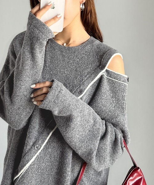 日本🇯🇵連線 Mily Bilet 蓬鬆露肩斜釦針織套頭衫 不對稱設計 斜扣 露肩 針織 寬鬆 長袖 3色(任買兩件711免運)/預購