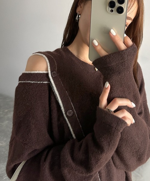 日本🇯🇵連線 Mily Bilet 蓬鬆露肩斜釦針織套頭衫 不對稱設計 斜扣 露肩 針織 寬鬆 長袖 3色(任買兩件711免運)/預購