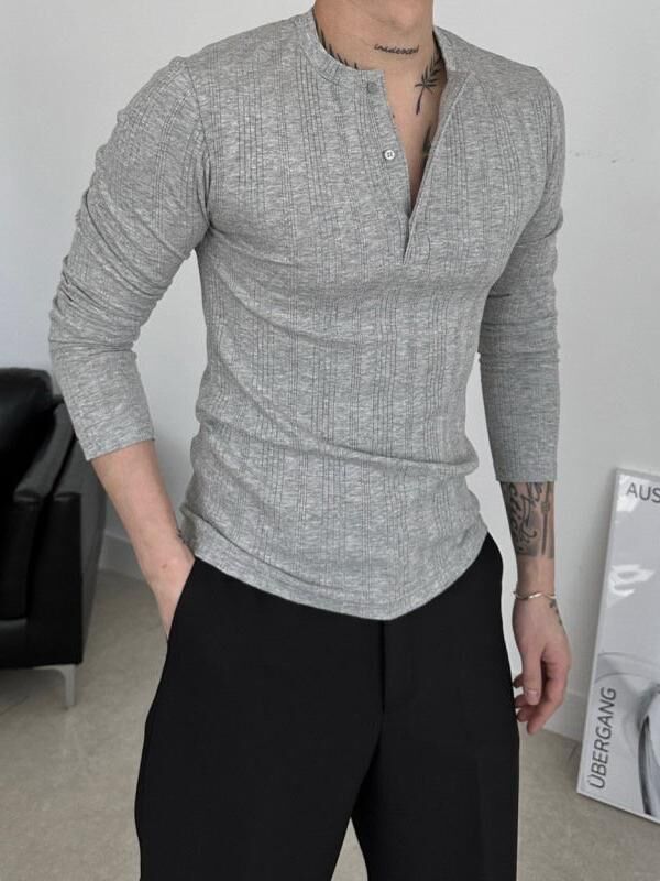 淨色暗直紋半開胸長袖衫 Veil-075T