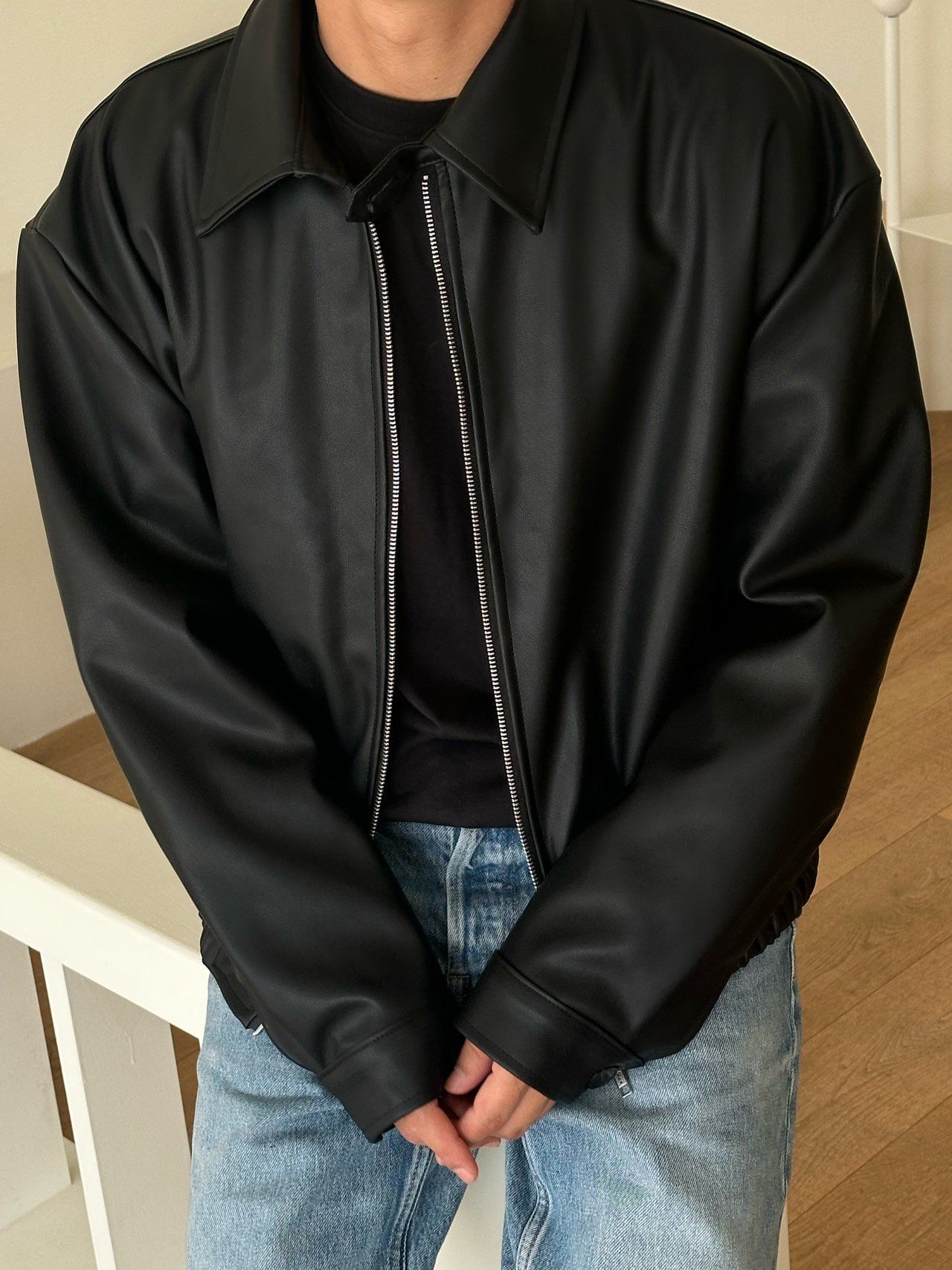 反領拉鍊合成皮褸 Veil-079JK