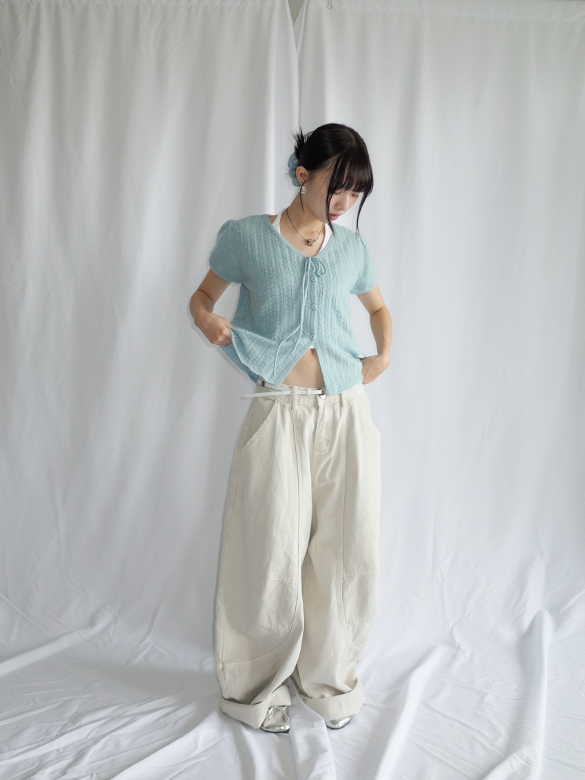 cotton-soft puff-sleeve knit button top with matching scrunchie