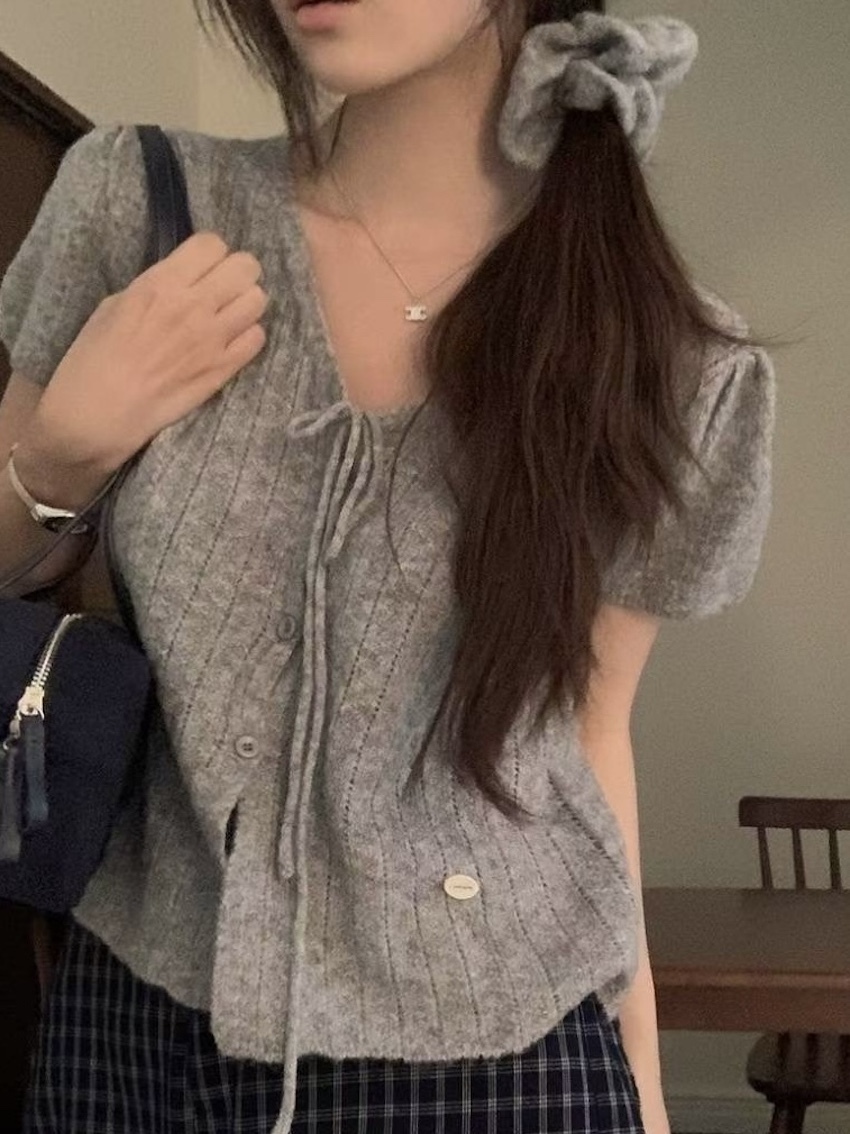 cotton-soft puff-sleeve knit button top with matching scrunchie