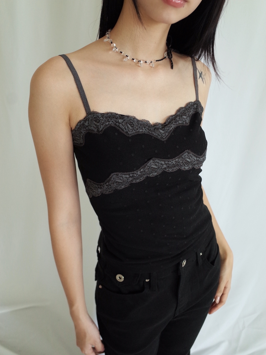 trim lace mesh polka dot cami