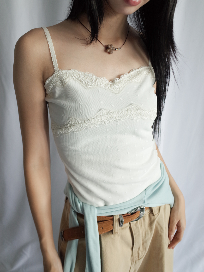 trim lace mesh polka dot cami