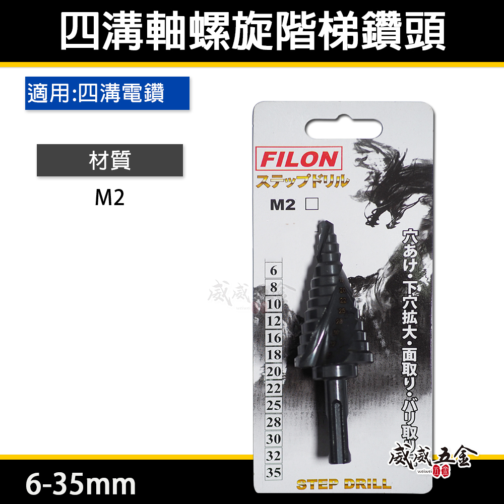 FILON｜6-35mm｜黑色-四溝柄階梯鑽｜HSS M2 四溝軸階梯鑽尾 四溝螺旋型階梯鑽頭 白鐵不鏽鋼用