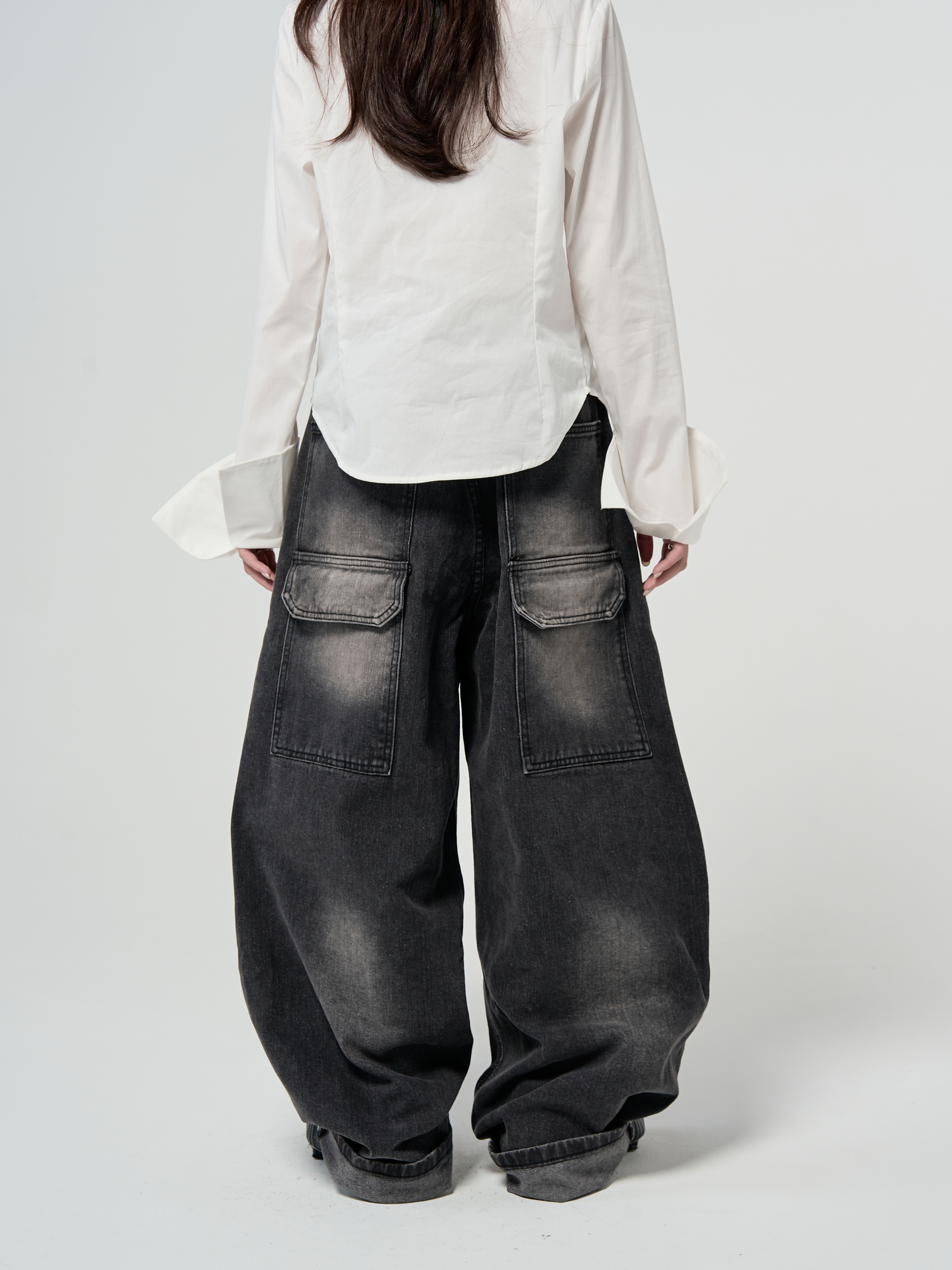 刷白直筒翻蓋口袋牛仔長褲