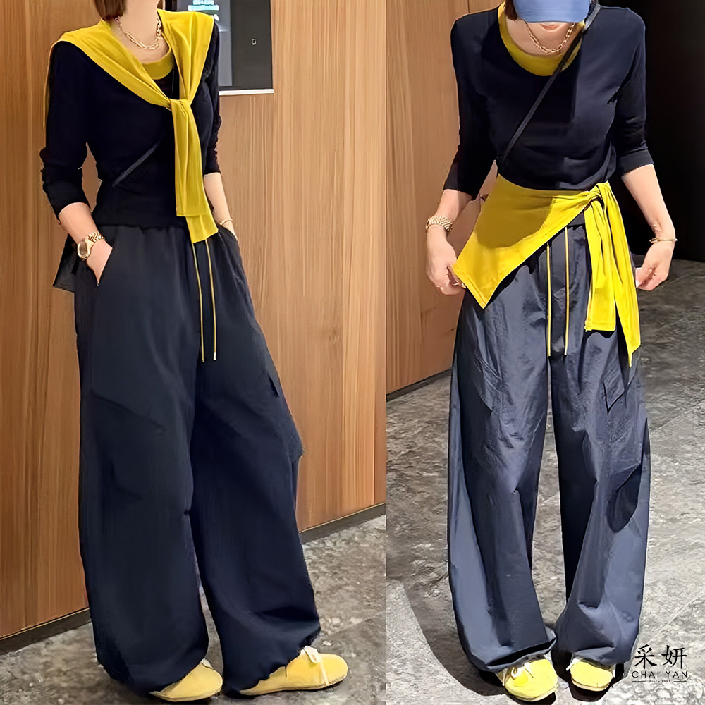 二件式 撞色圓領長袖上衣+抽繩鬆緊腰寬長褲