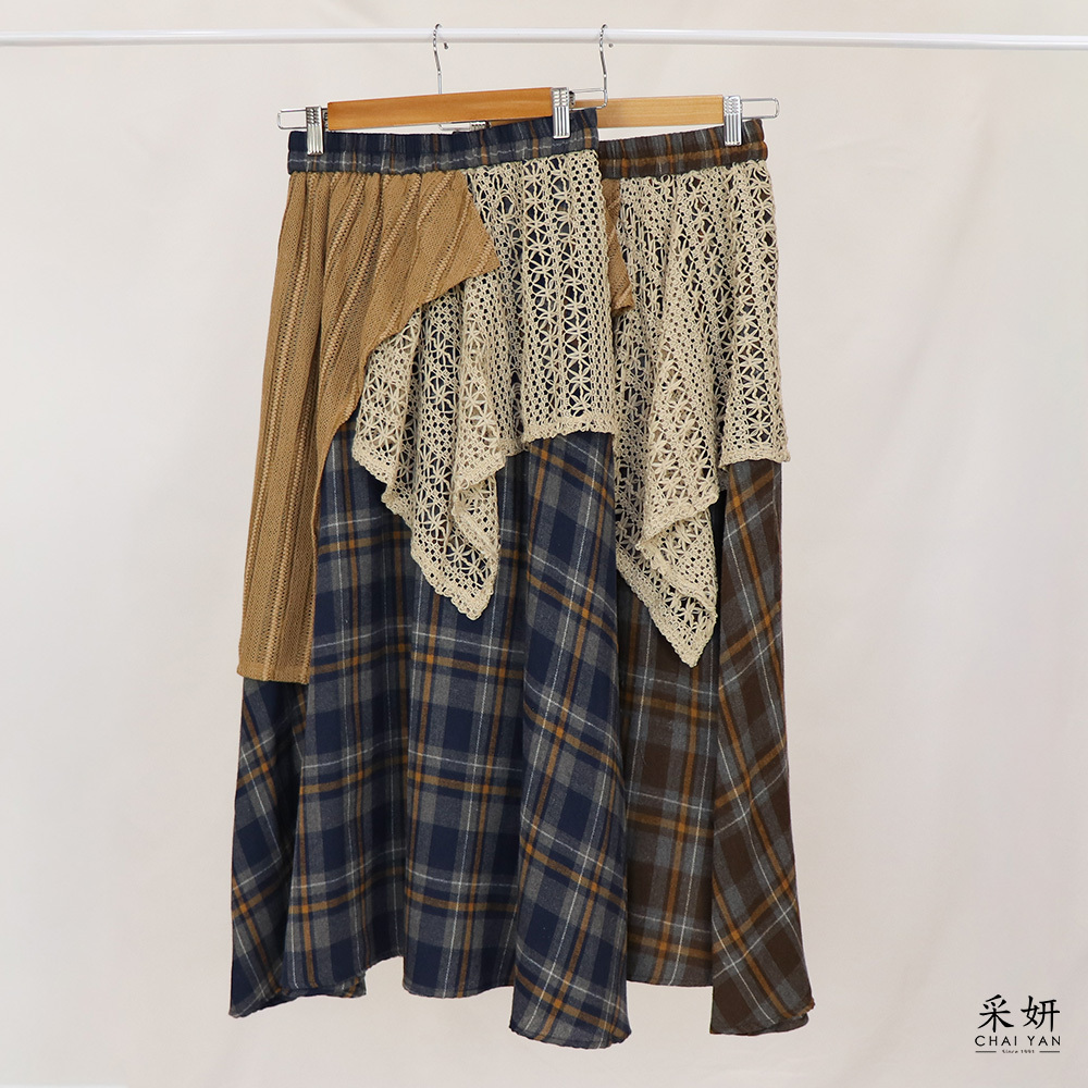 格紋針織層疊鬆緊腰A字長裙