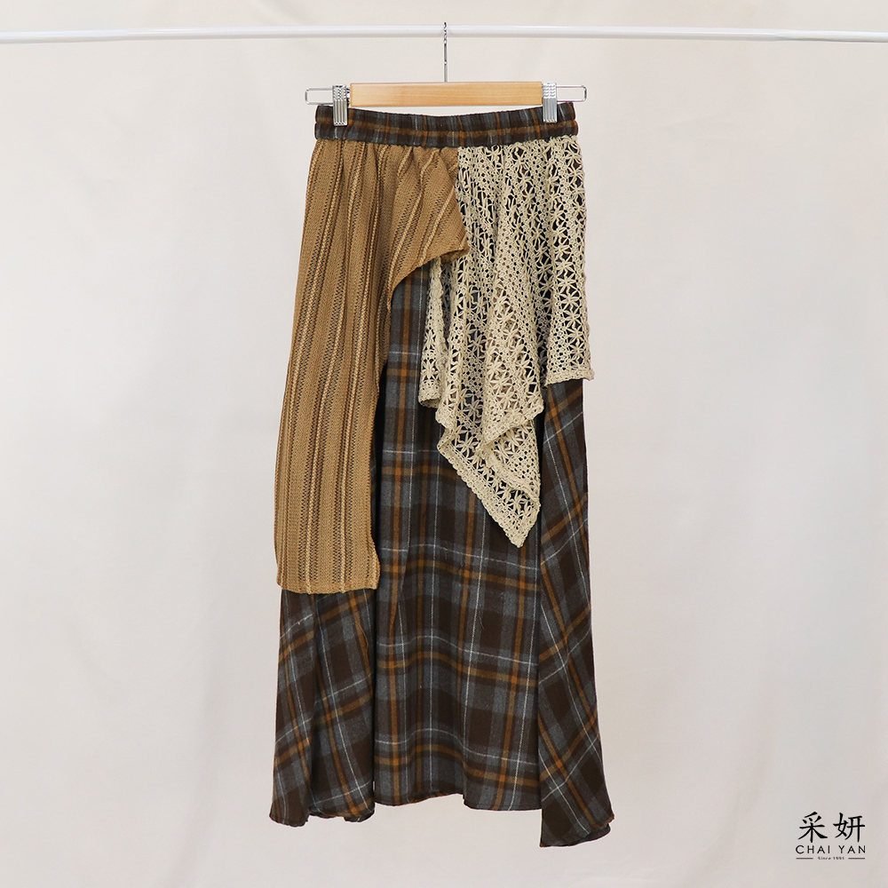 格紋針織層疊鬆緊腰A字長裙