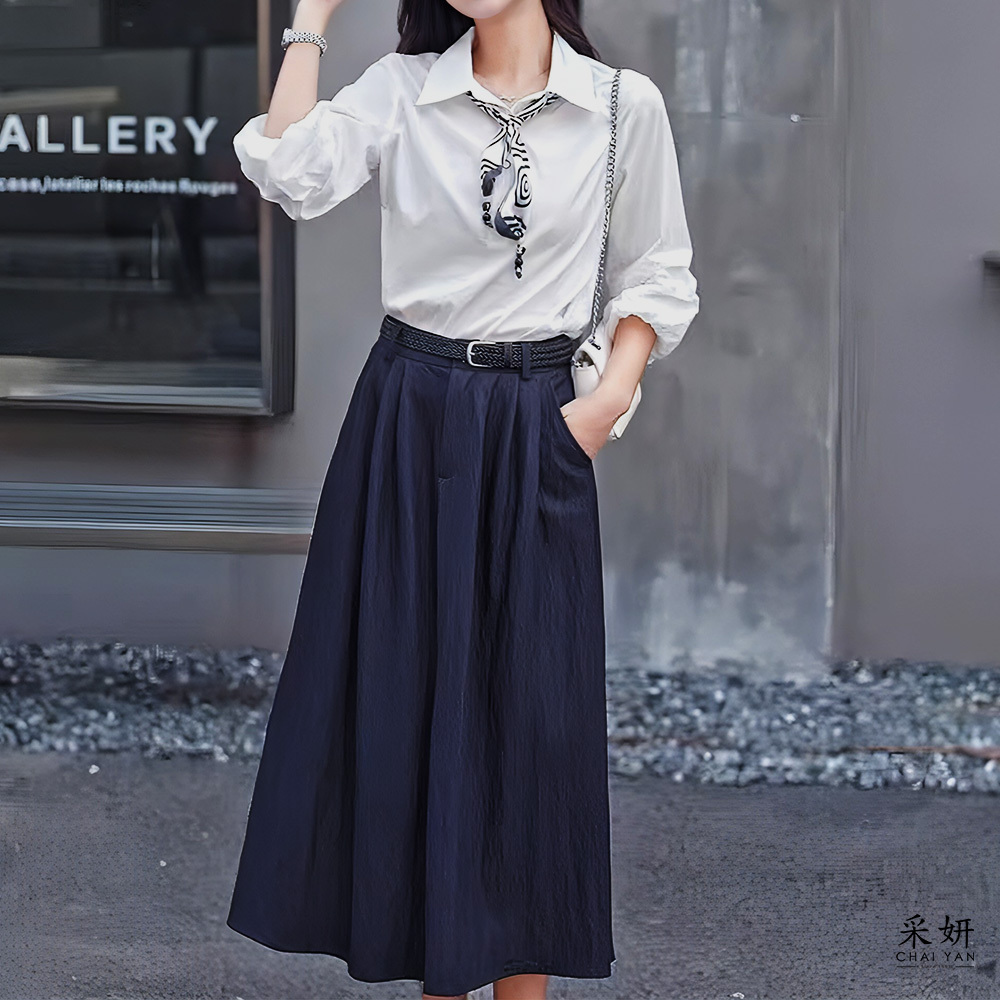 二件式 POLO領抓皺長袖上衣+後腰鬆緊A字長裙