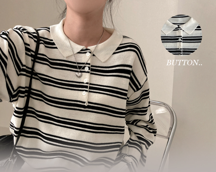 早秋預訂｜條紋領寬鬆針織衫