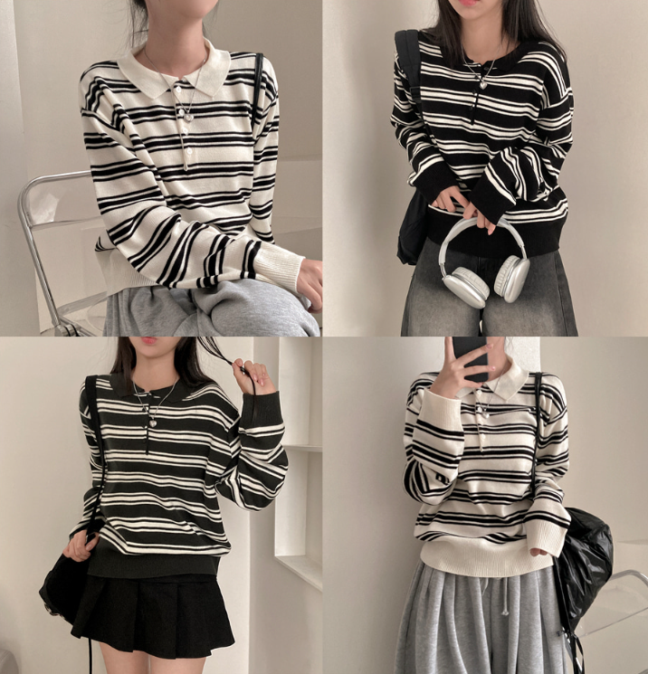 早秋預訂｜條紋領寬鬆針織衫