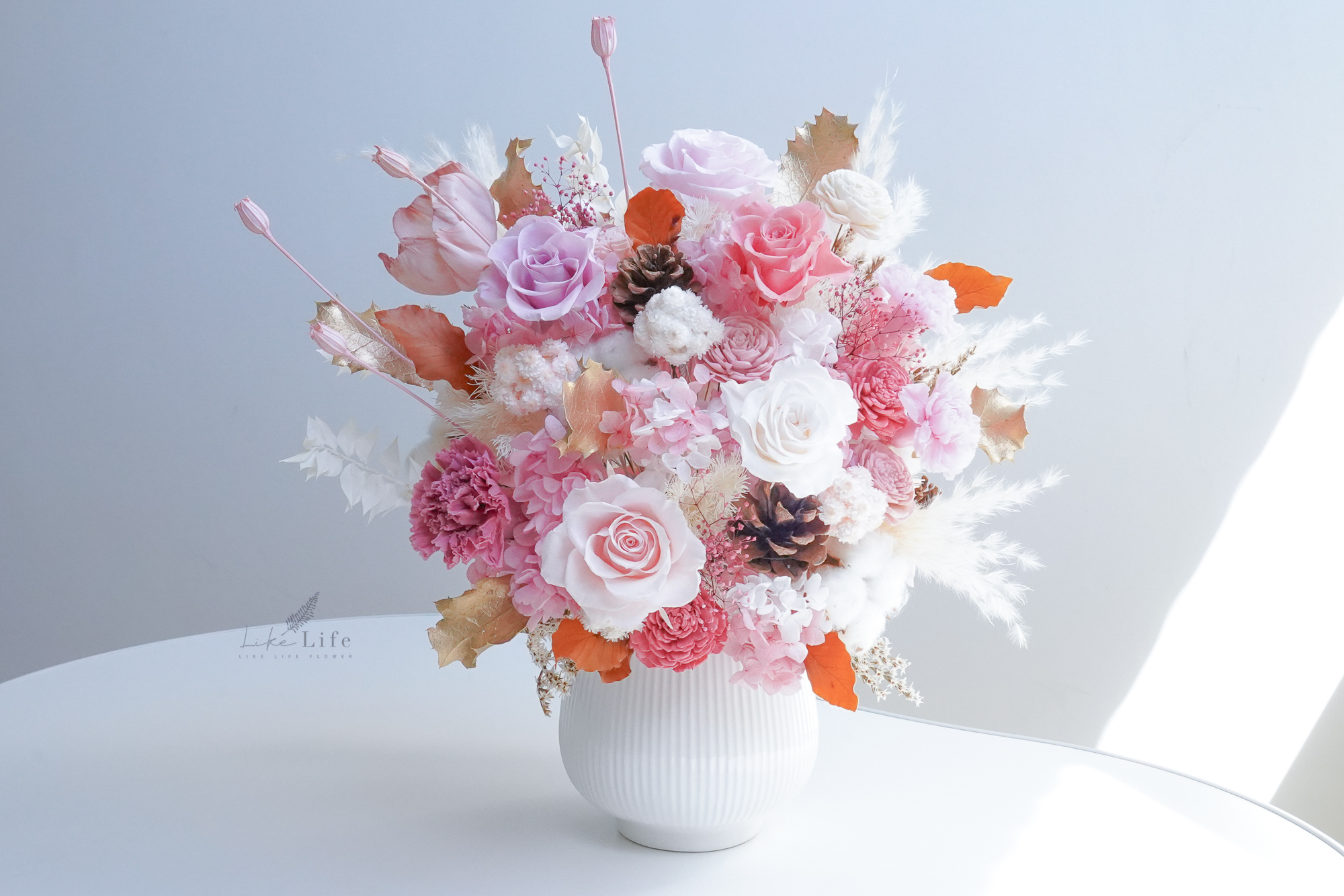 粉色永生花開幕盆栽,粉色開幕盆栽推薦玫瑰花,粉色永生花