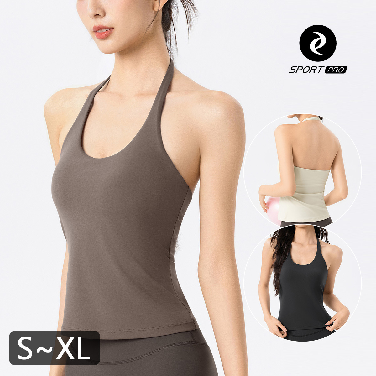 繞頸露背含罩杯瑜珈/運動/機能長版背心【半固定襯墊/下厚上薄】