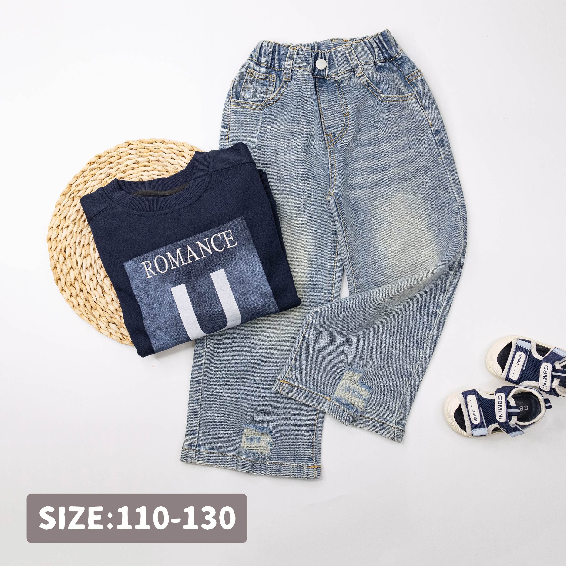 【H55176】個性刷破舒適直筒牛仔褲