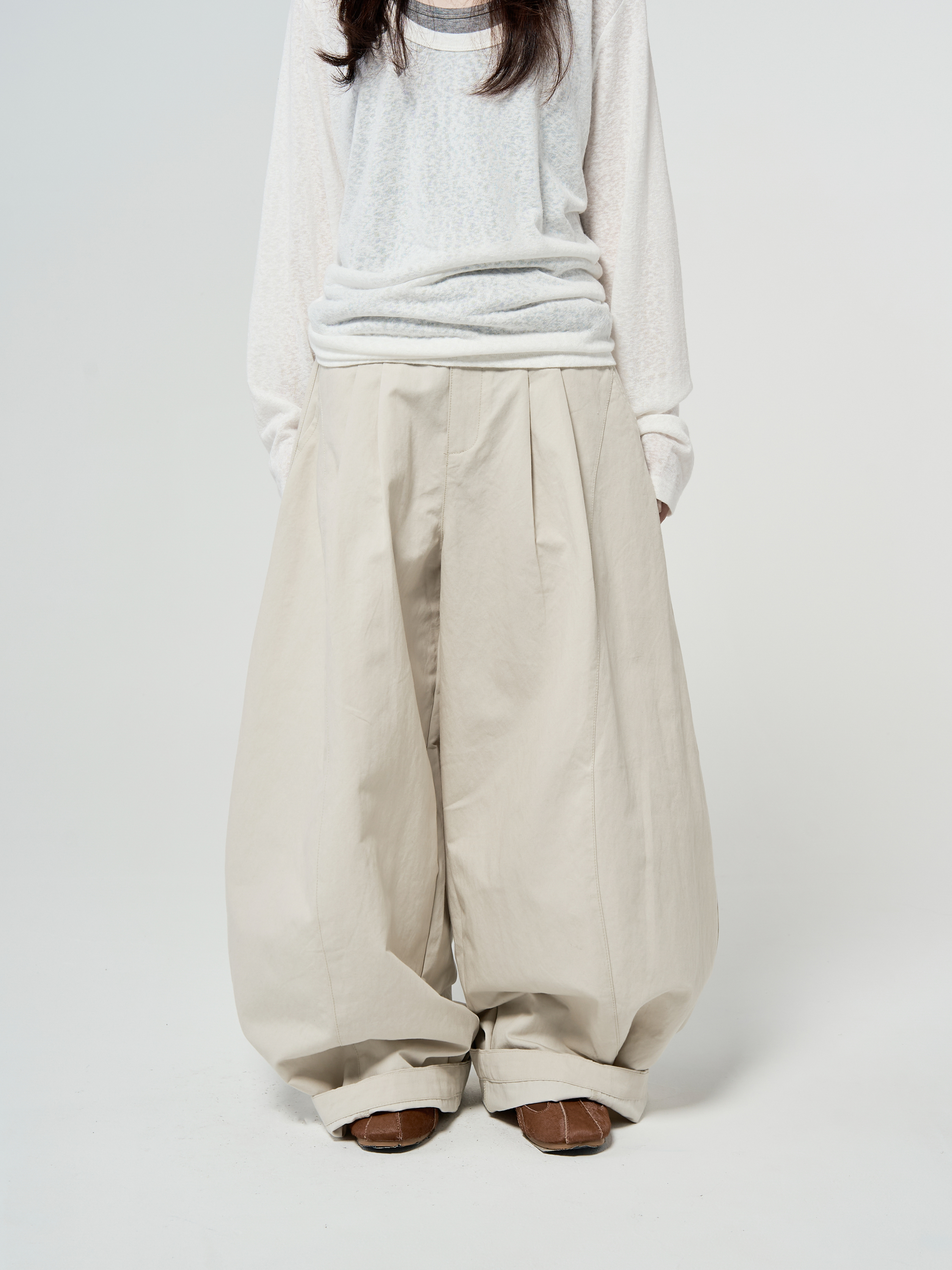 量感摺縫氣球長褲-米