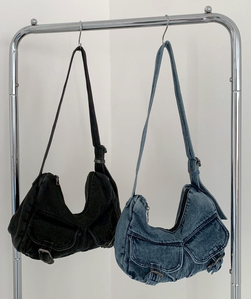 雙口袋肩可調牛仔包