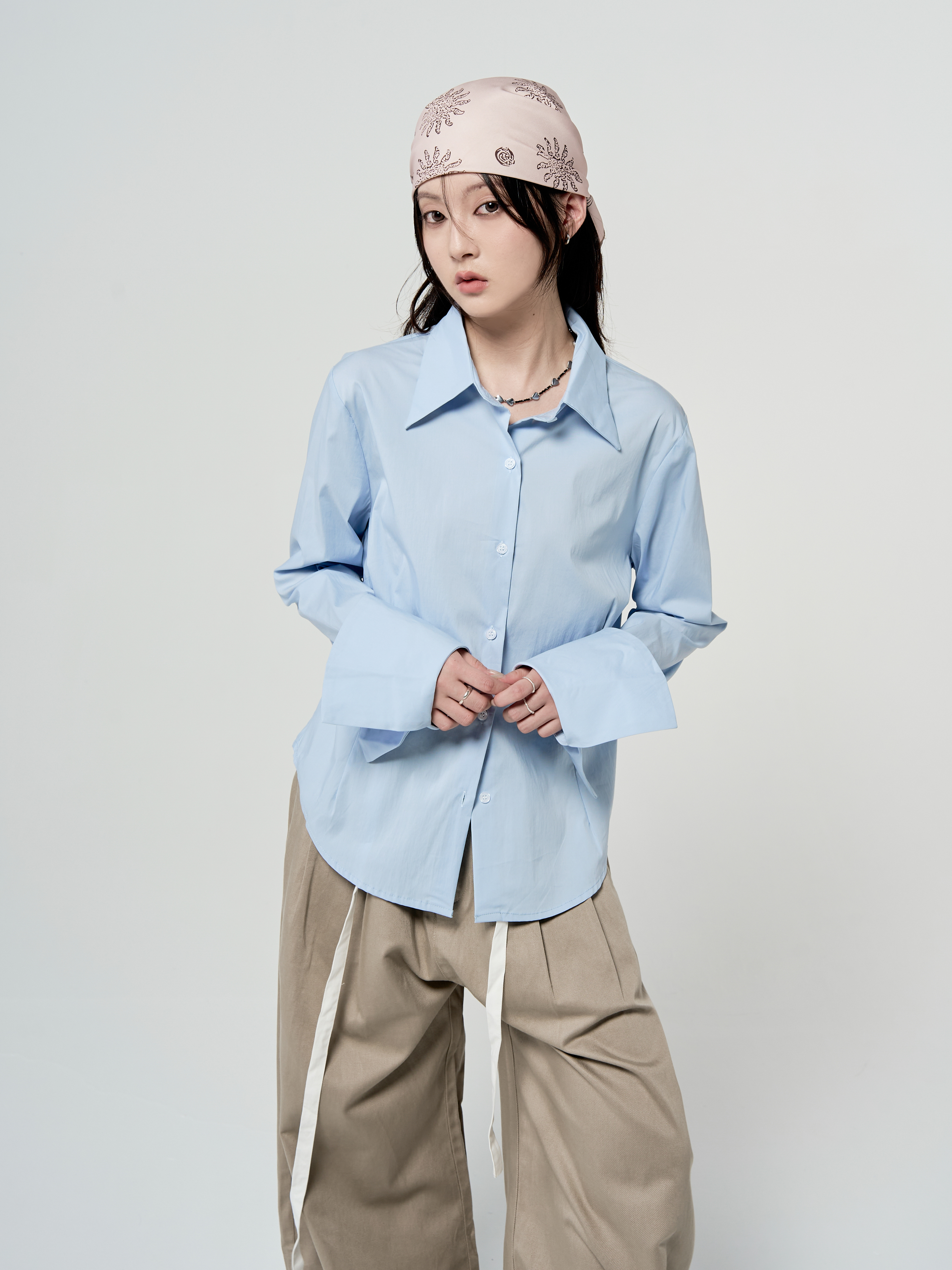 反折袖收腰長袖襯衫-藍