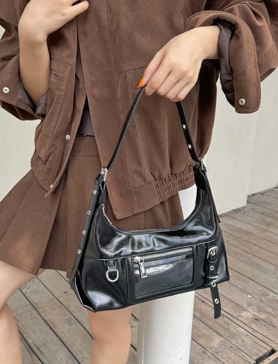 亮皮釦環拉鍊腋下包