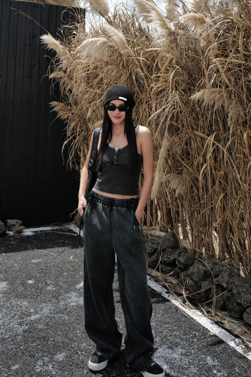 雙抽繩水洗灰棉質寬褲