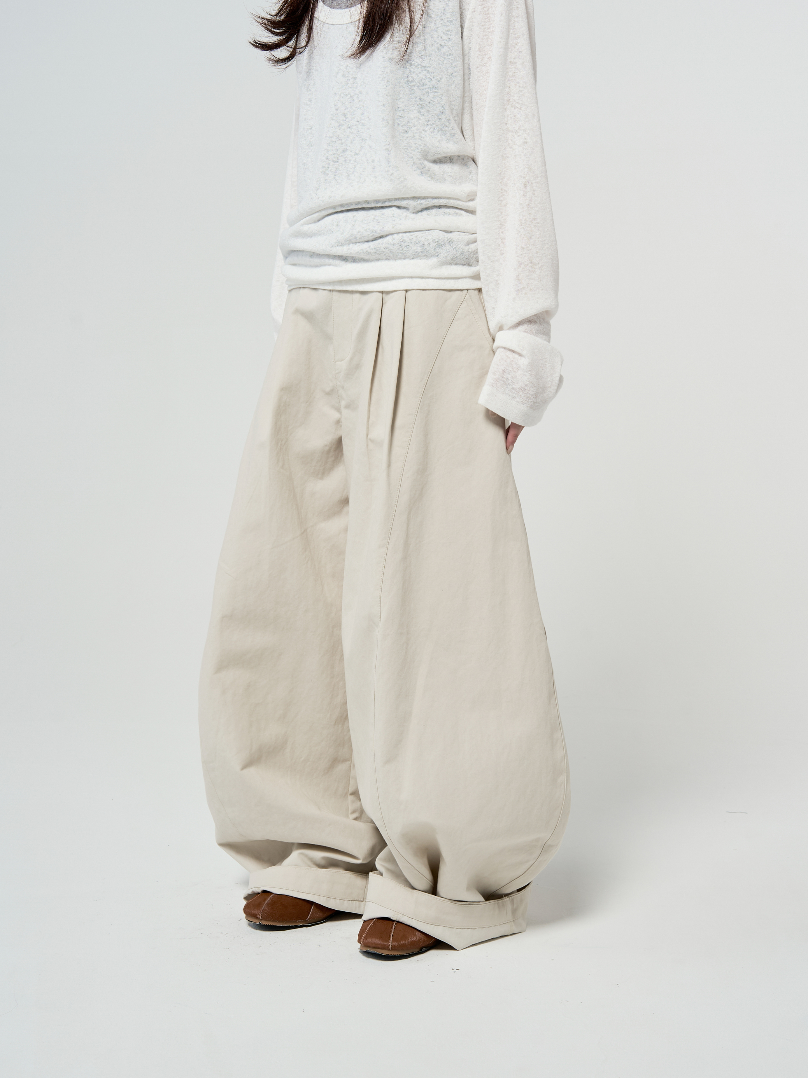 量感摺縫氣球長褲-米