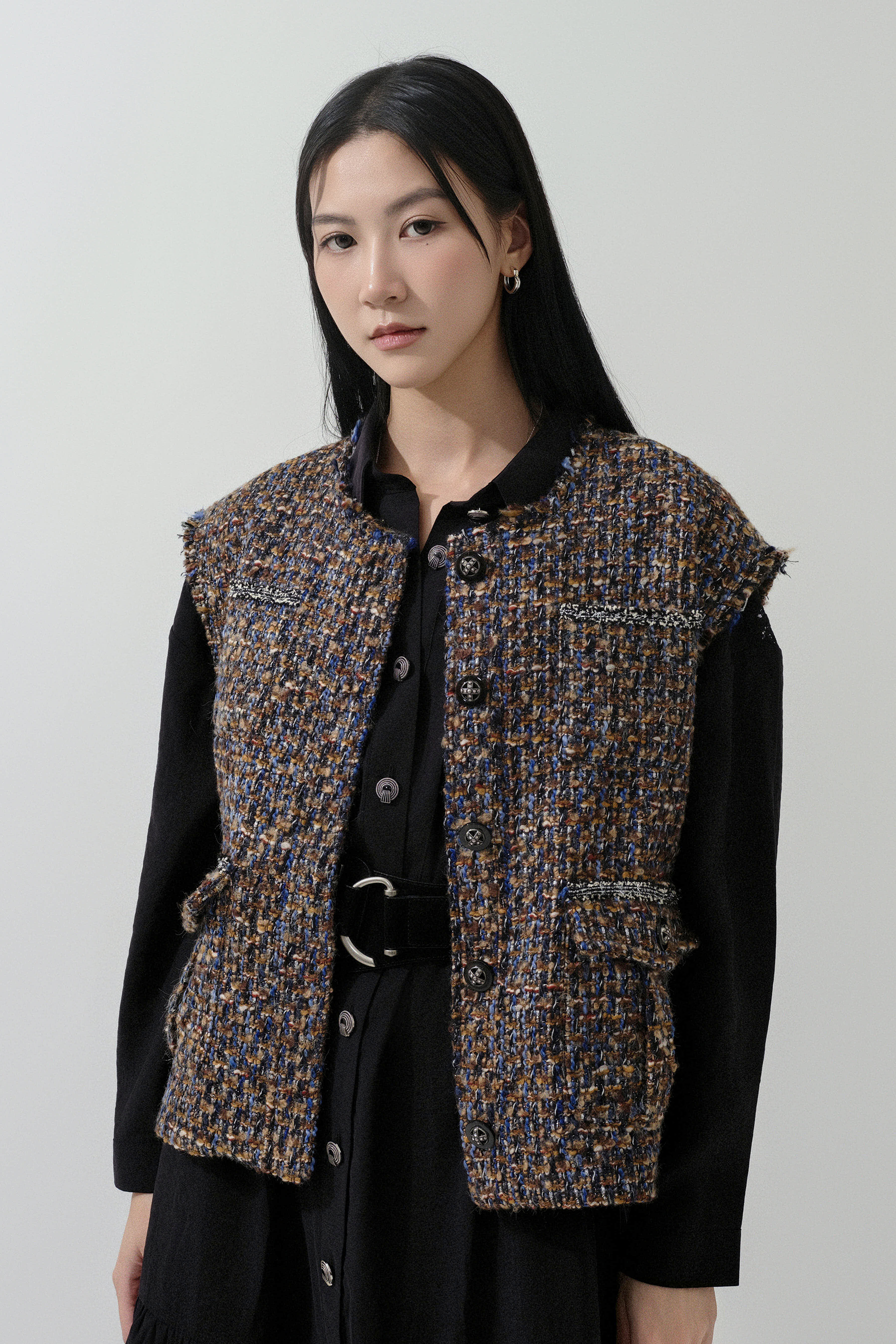 四袋披邊tweed背心外套 (預購產品）