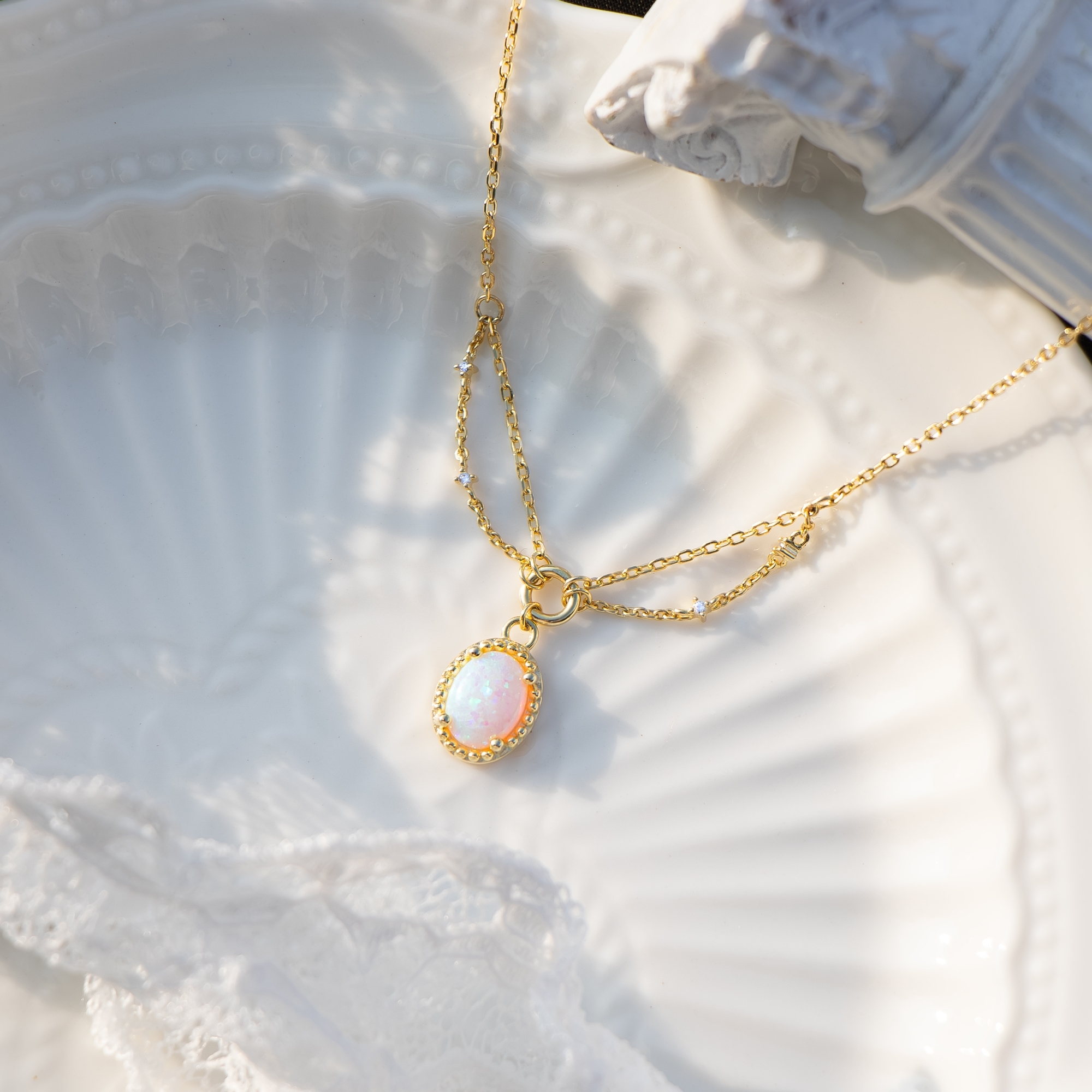 搭配人造環保蛋白石的925純銀項鍊,復古風格,層次設計