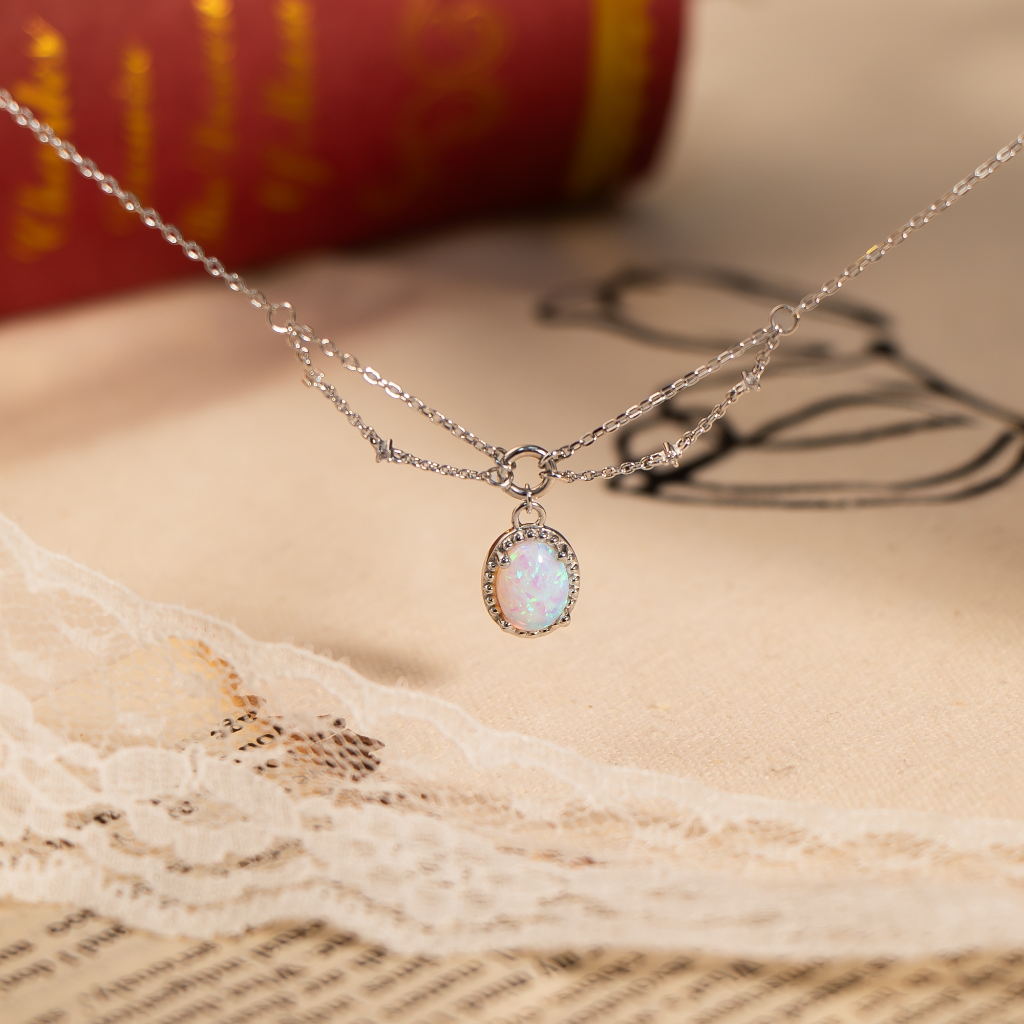 搭配人造環保蛋白石的925純銀項鍊,復古風格,層次設計