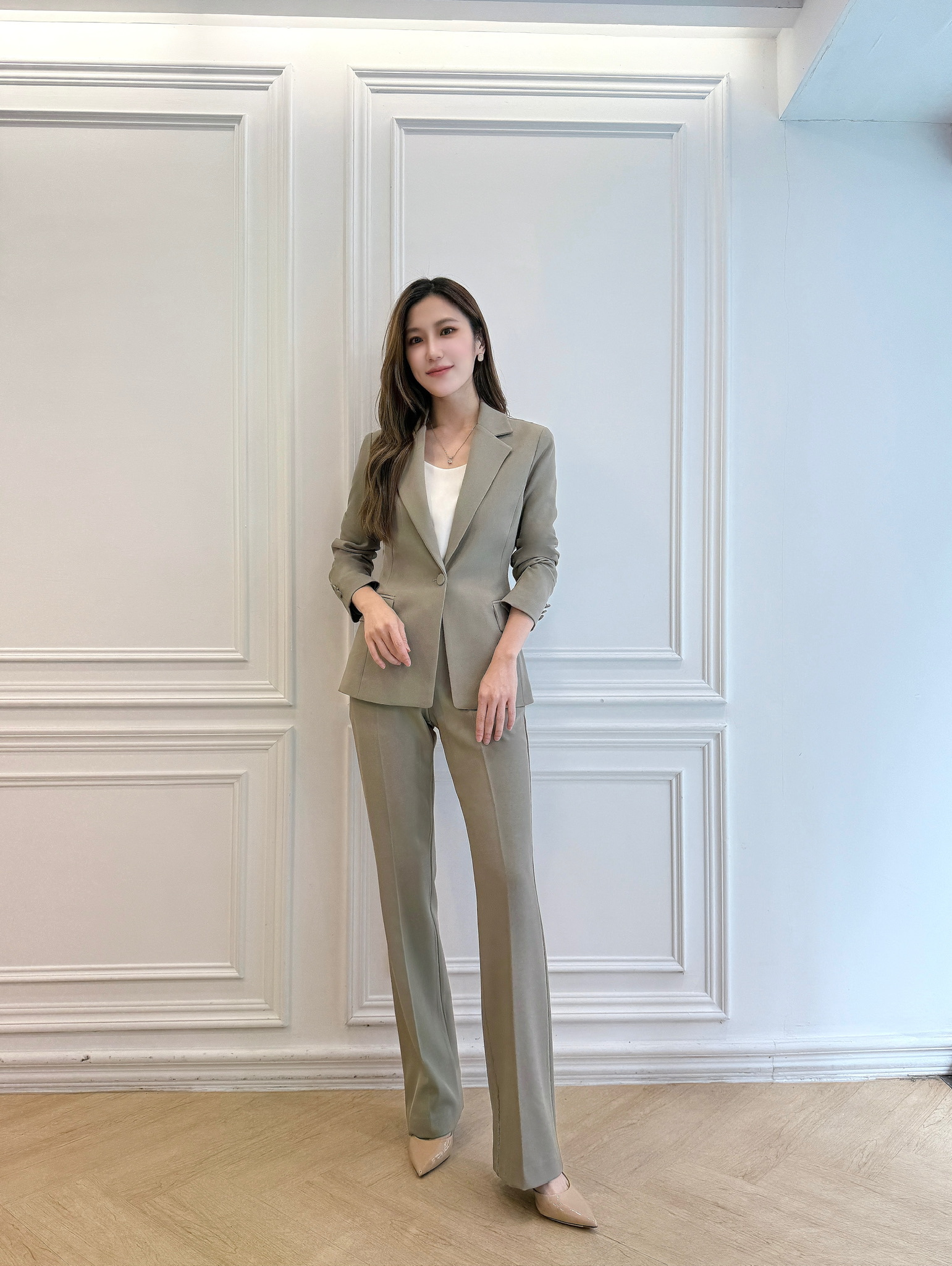 (職場必備!)俐落單釦西裝套裝-灰綠