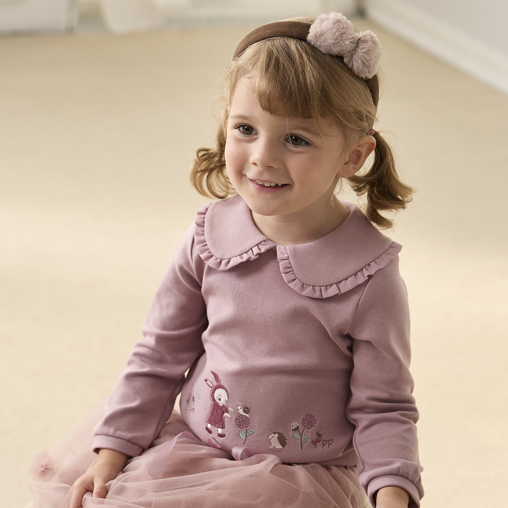 PIPPY 可愛小兔子與刺蝟大方領荷葉領長袖上衣 粉紫