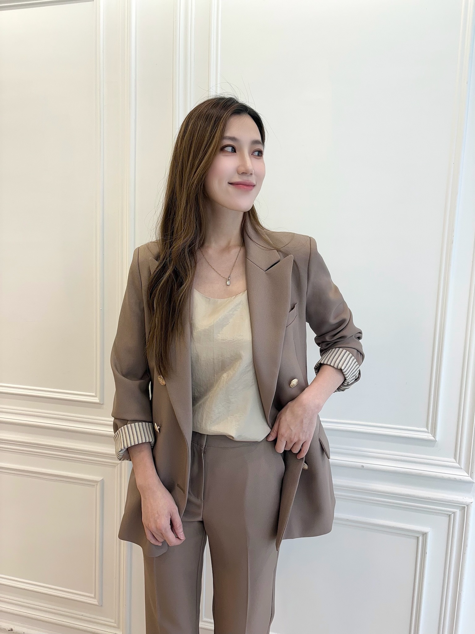 袖條紋金釦翻領西裝套裝-摩卡