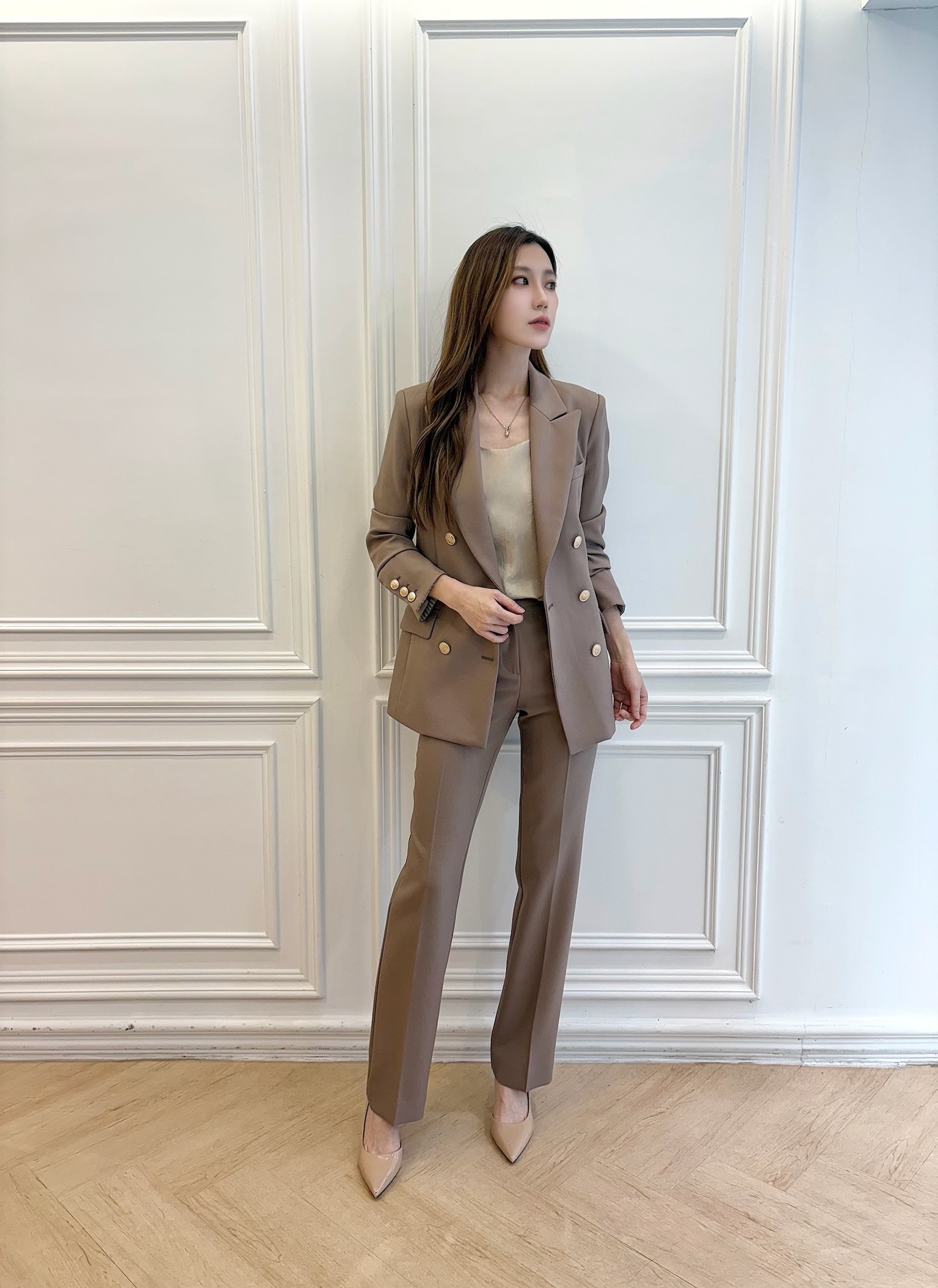 袖條紋金釦翻領西裝套裝-摩卡