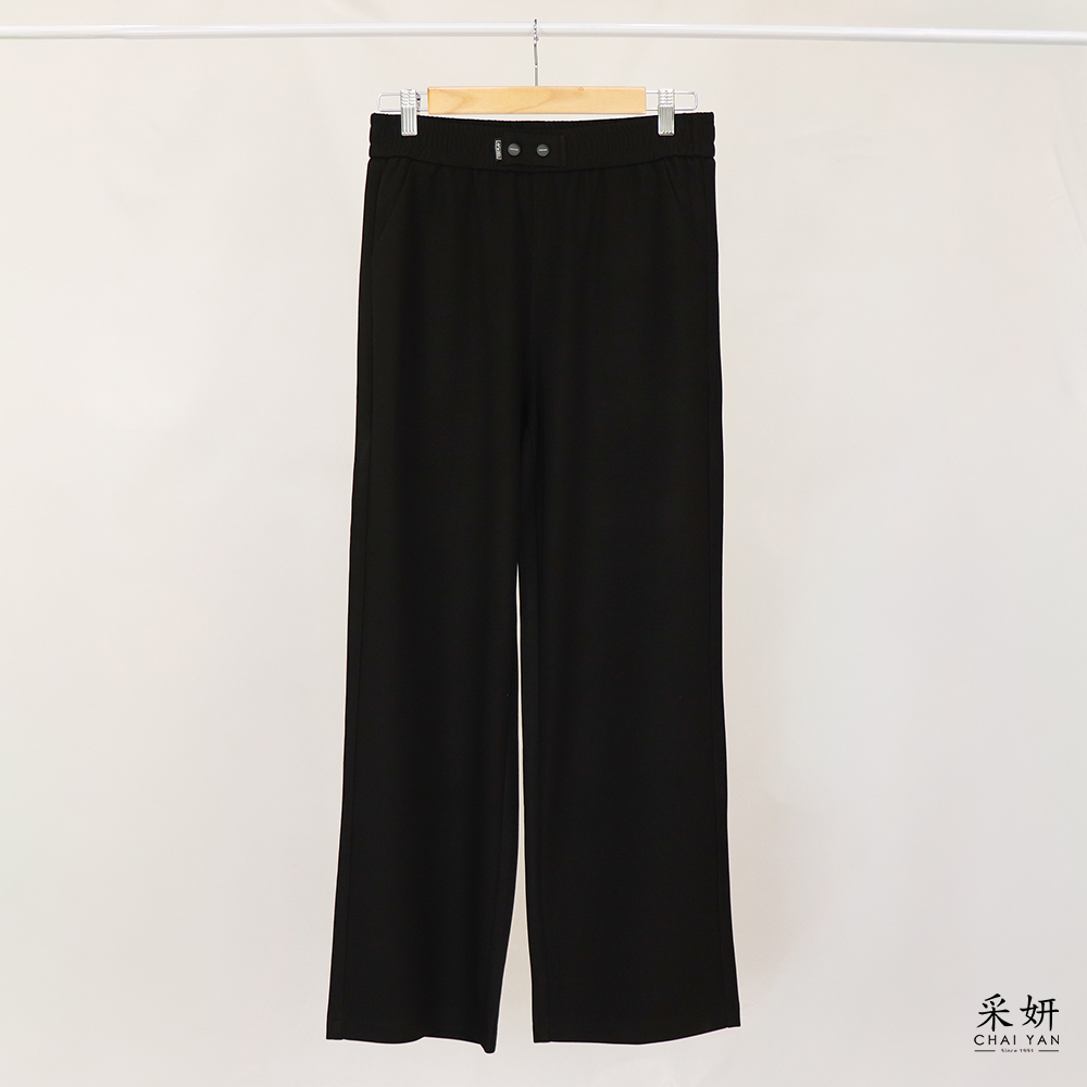 裝飾字母鈕扣布標鬆緊腰直筒長褲