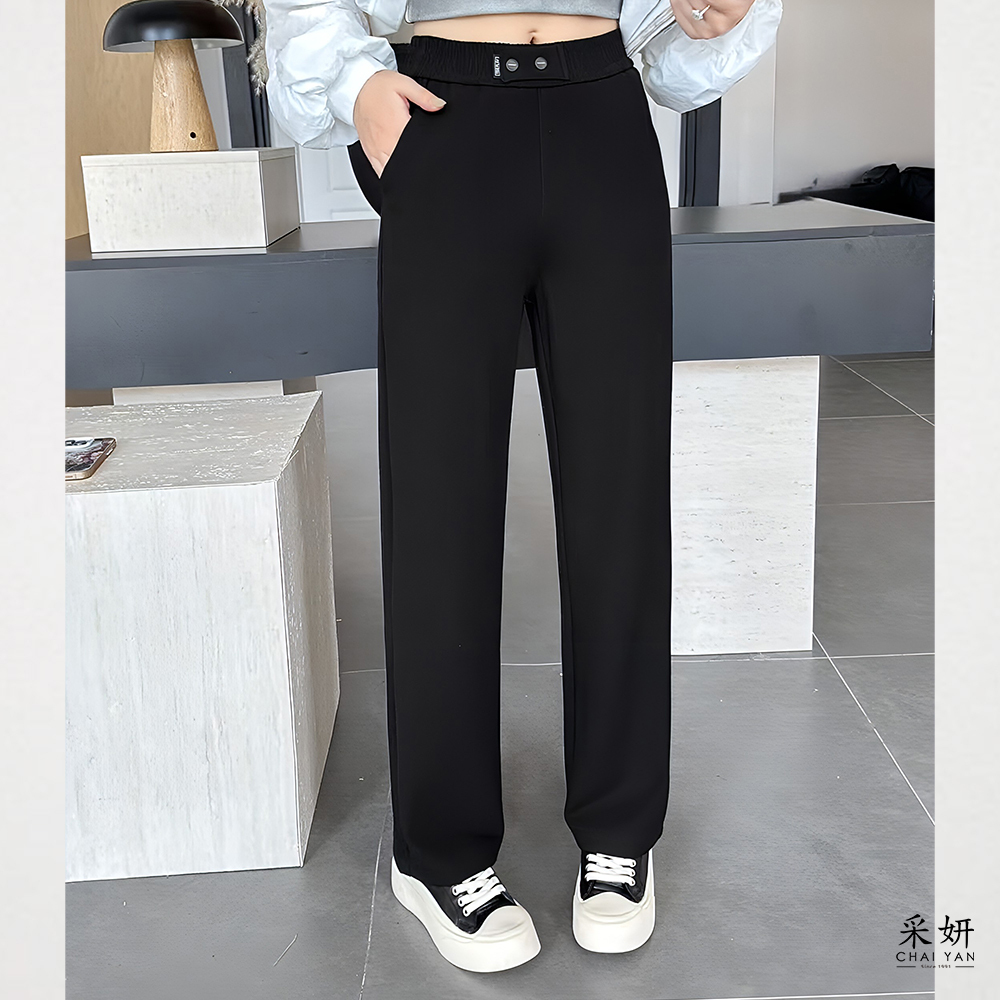 裝飾字母鈕扣布標鬆緊腰直筒長褲