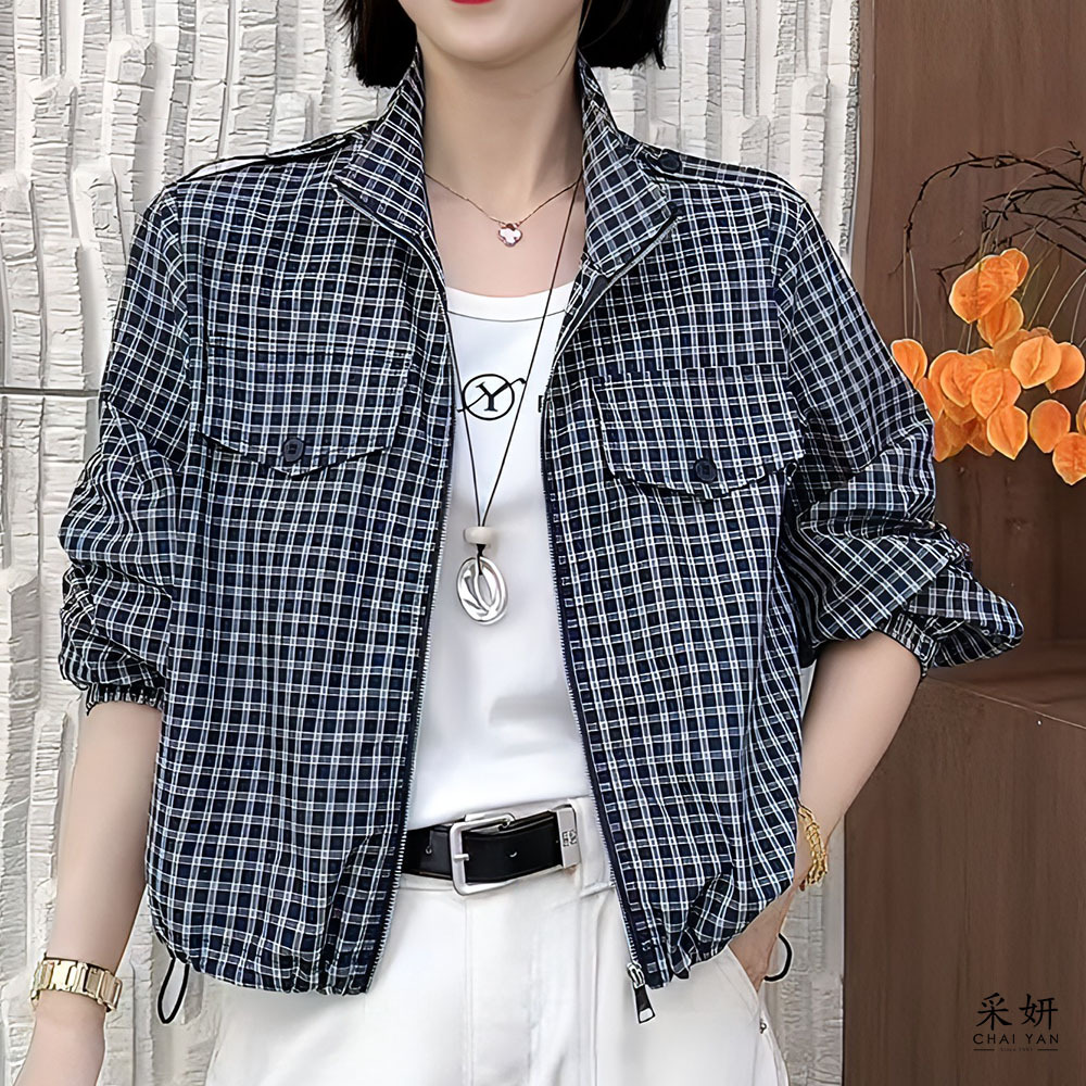 格紋微薄短版立領拉鍊外套