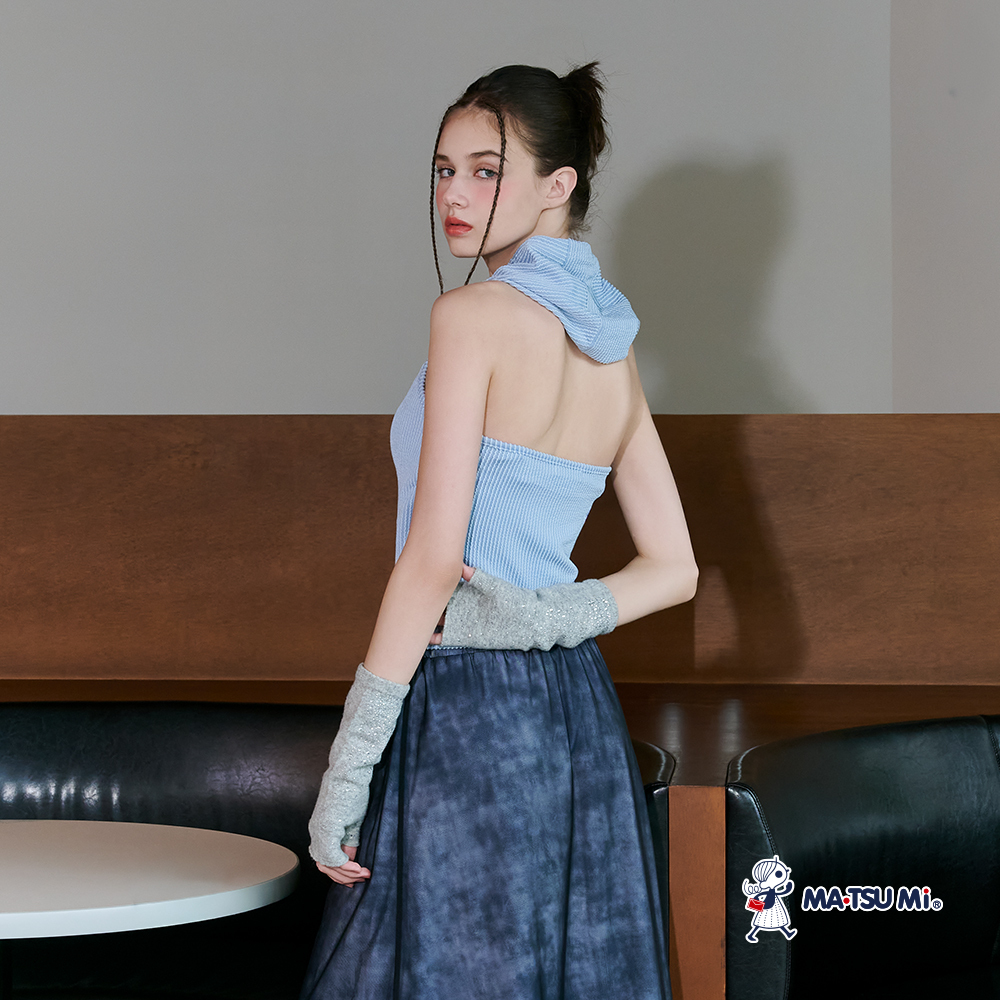 MA‧TSU Mi  美式坑條露背繞頸連帽BRATOP背心(水藍.深灰)