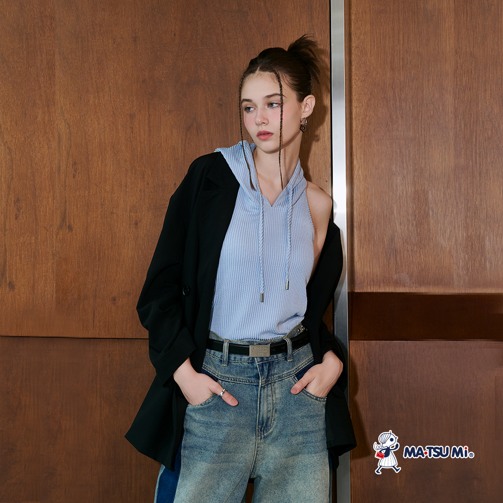 MA‧TSU Mi  美式坑條露背繞頸連帽BRATOP背心(水藍.深灰)