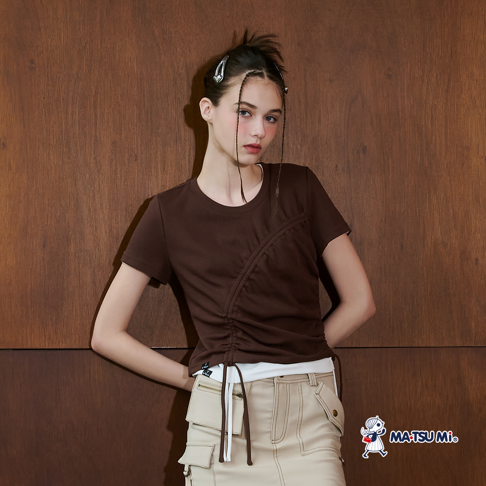 MA‧TSU Mi 簡約不規則抽繩抓皺設計上衣(白.咖)