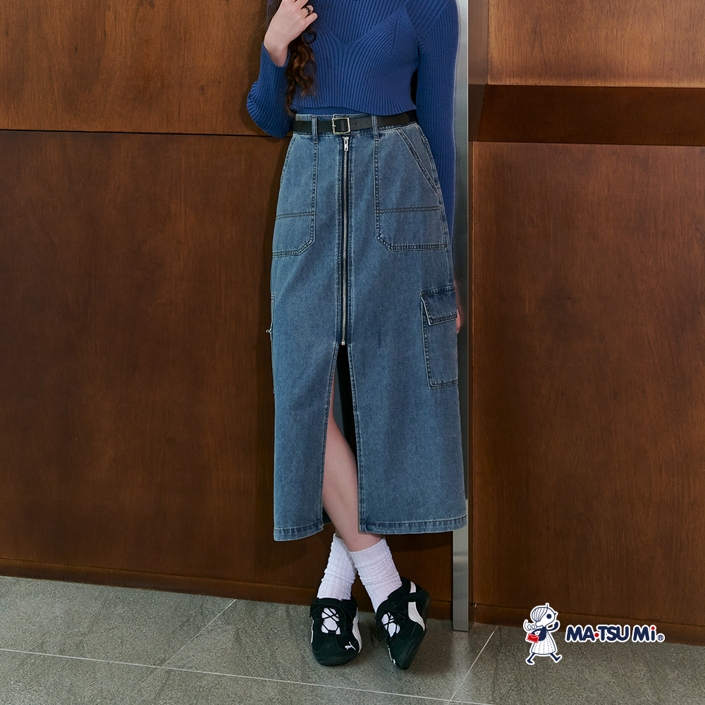 MA‧TSU Mi 不對稱多口袋工裝車線一字拉鍊半身裙(水藍)