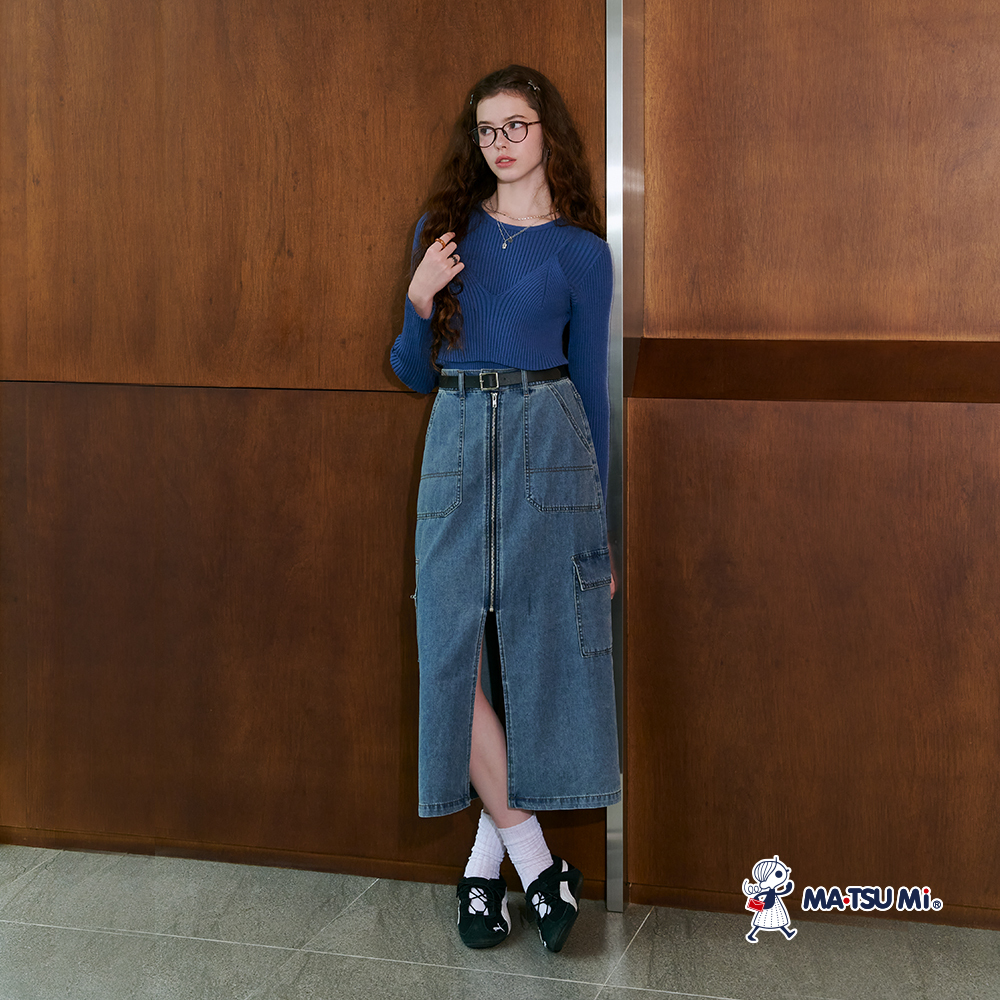 MA‧TSU Mi 不對稱多口袋工裝車線一字拉鍊半身裙(水藍)