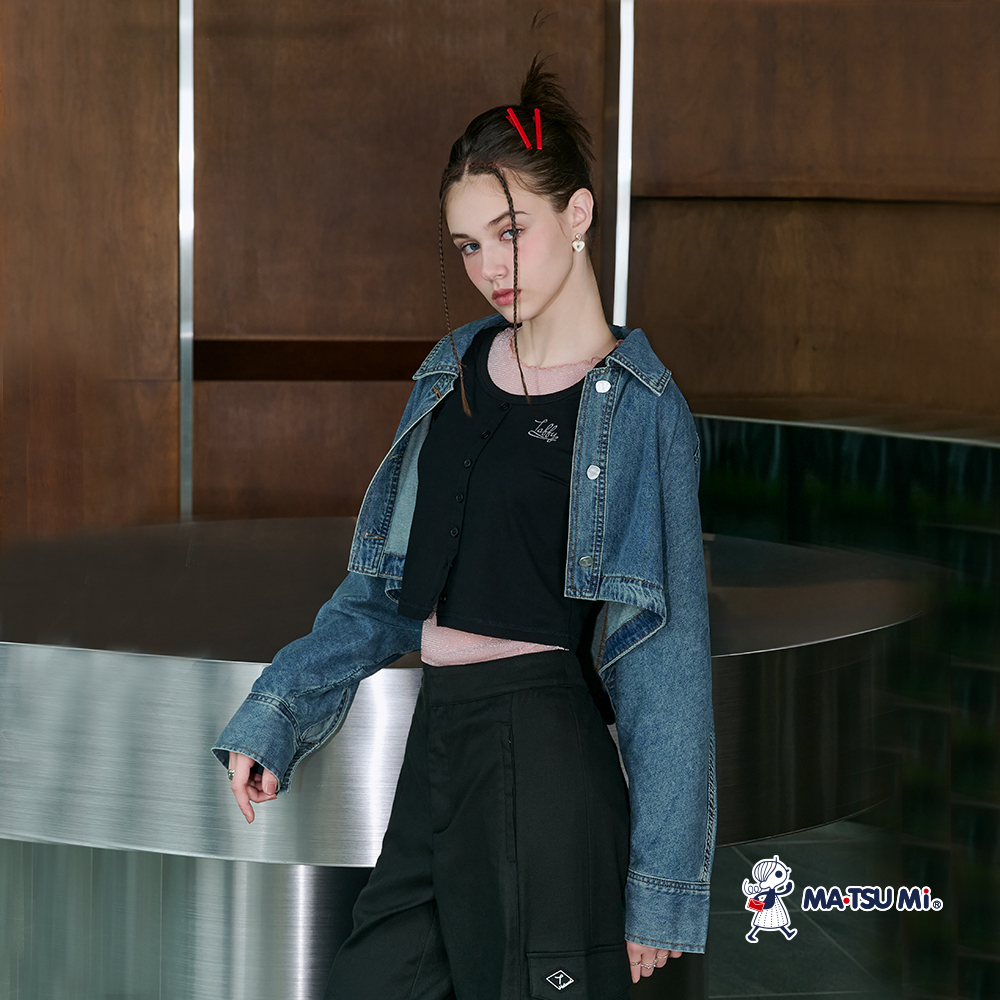 MA‧TSU Mi 時髦短版垂墜修身丹寧棉質斗篷外套(水藍)