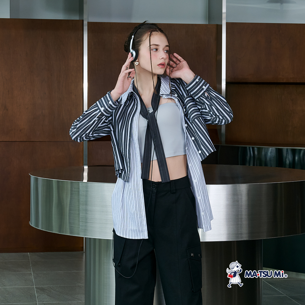 MA‧TSU Mi 多WAY兩件式疊穿設計撞色條紋襯衫(水藍.黑)