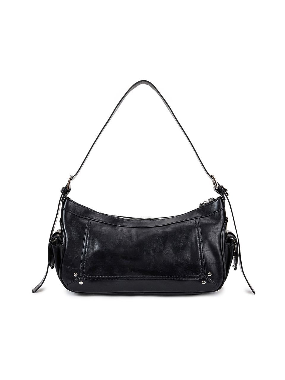 鉚釘細節皮革肩背包 黑色