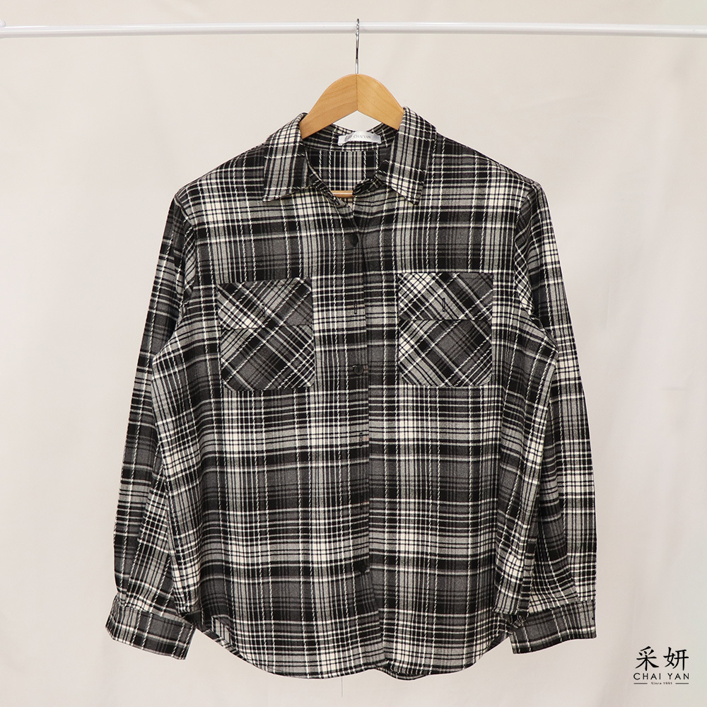 復古黑白格紋長袖襯衫外套